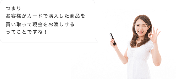 つまりお客様がカードで購入した商品を買い取って現金をお渡しするってことですね!