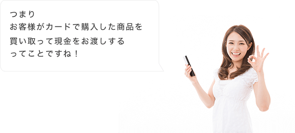 つまりお客様がカードで購入した商品を買い取って現金をお渡しするってことですね！